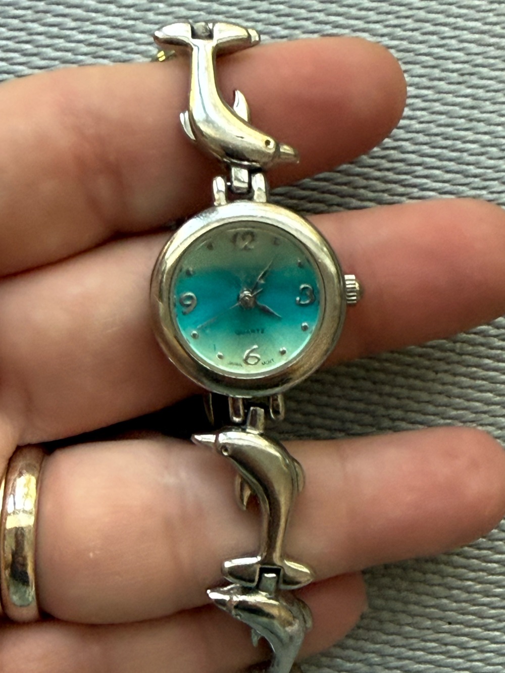 Silver Dolphin Link Watch with Aqua Blue Dial -